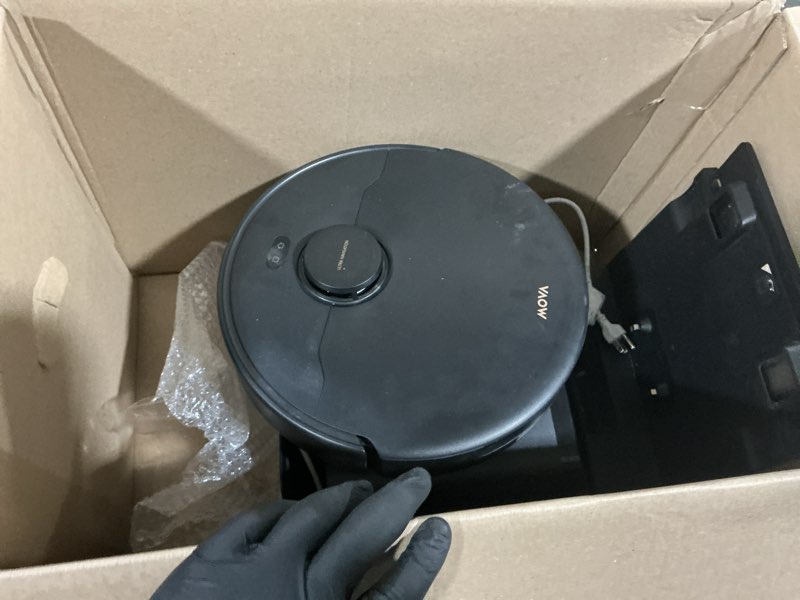 Condition photo showing As Is for mova e30 pro plus robot vacuum, 19000pa suction, duoroller brush anti-tangle, self-emptying 90-day hands-free, extendable side brush for edge cleaning, app & voice control