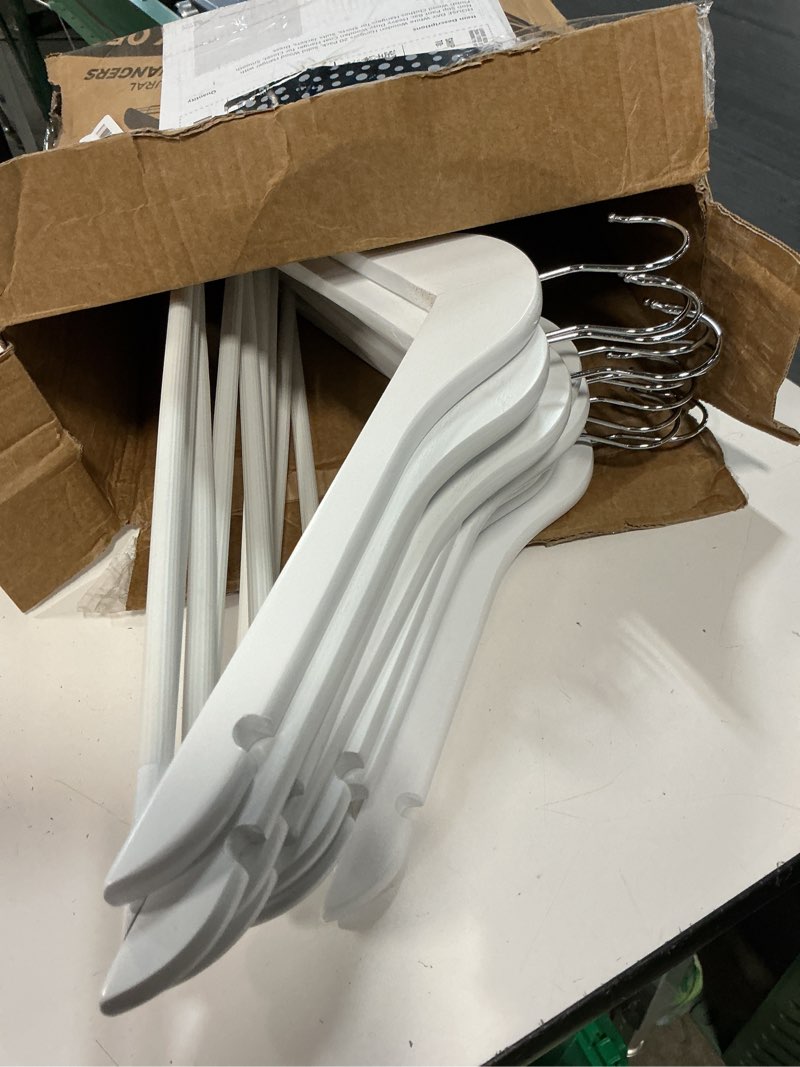Condition photo showing Good Condition for house day white wooden hangers 11 pack, solid wood hanger with non slip pant bar, heavy duty wooden coat hanger for closet, smooth finish wood clothes hangers for shirts, suits jackets, dress 11 pack white