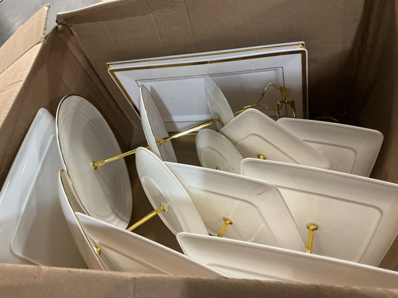 Condition photo showing As Is for lzerking 13pcs dessert table display set, 6 3-tiered cupcake stands (3round & 3square) with 4 trays & 3 tongs, white gold plastic for wedding, tea party, baby shower decor, birthday party decoration