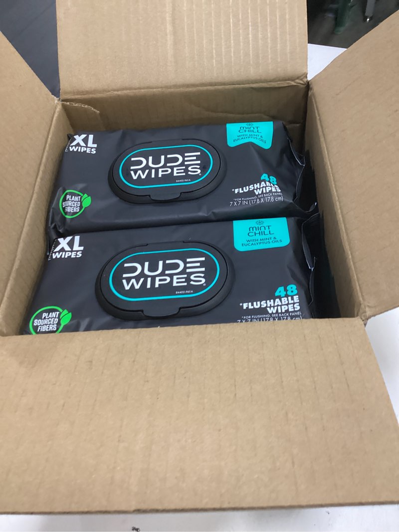 Condition photo showing New/Like New for dude wipes mint chill flushable wipes - extra-large adult wet wipes - 6 pack (288 count) - infused with tea tree oil, vitamin e, and aloe - septic and sewer safe mint 48 count (pack of 6)