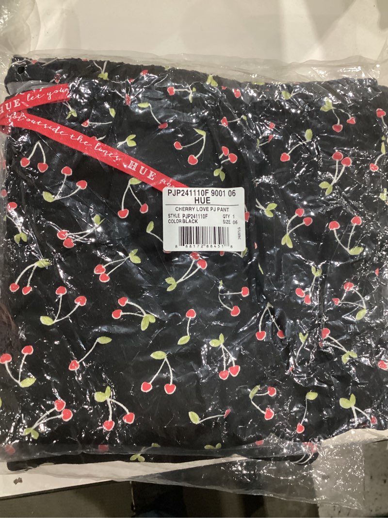 Size 6 HUE Cherry Love PJ Pants in black with a cherry print