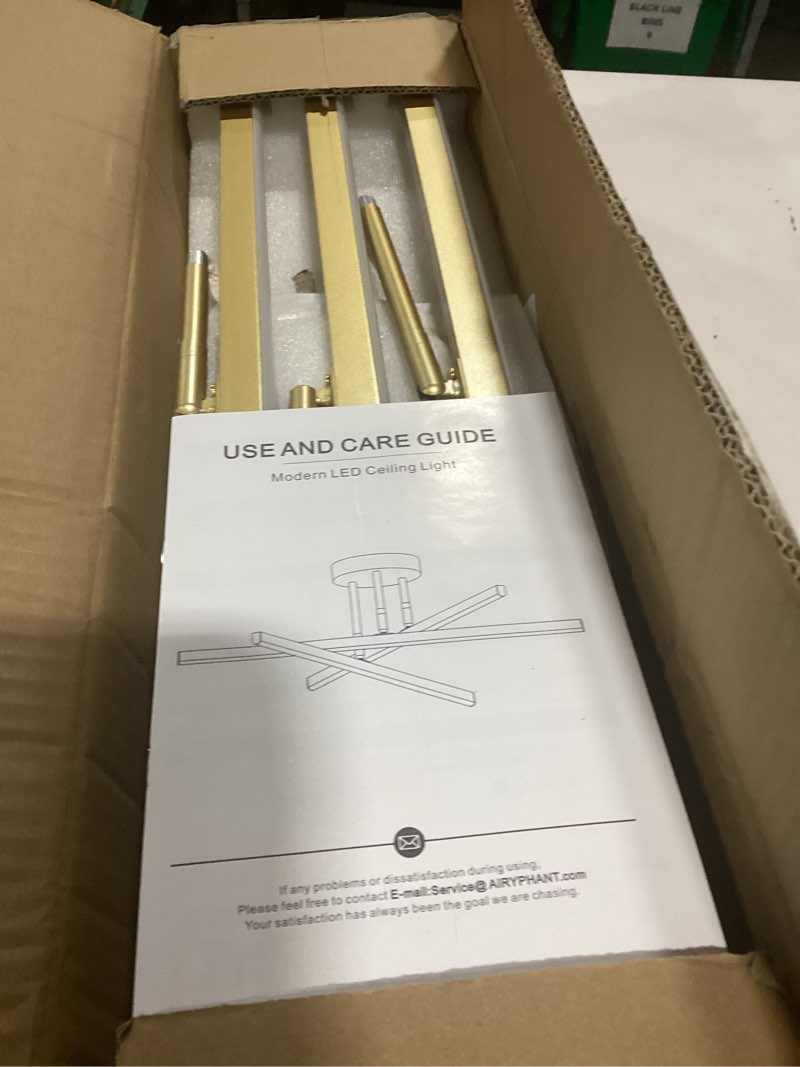 Condition photo showing Good Condition for Gold LED Chandelier, 3-Lights Modern Semi Flush Mount Ceiling Lighting Fixture for Kitchen Dining Room Foyer Entry Bedroom, 23.82” 24W Gold-A 3 Lights - Straight Bars - 3CCT - 23.82"