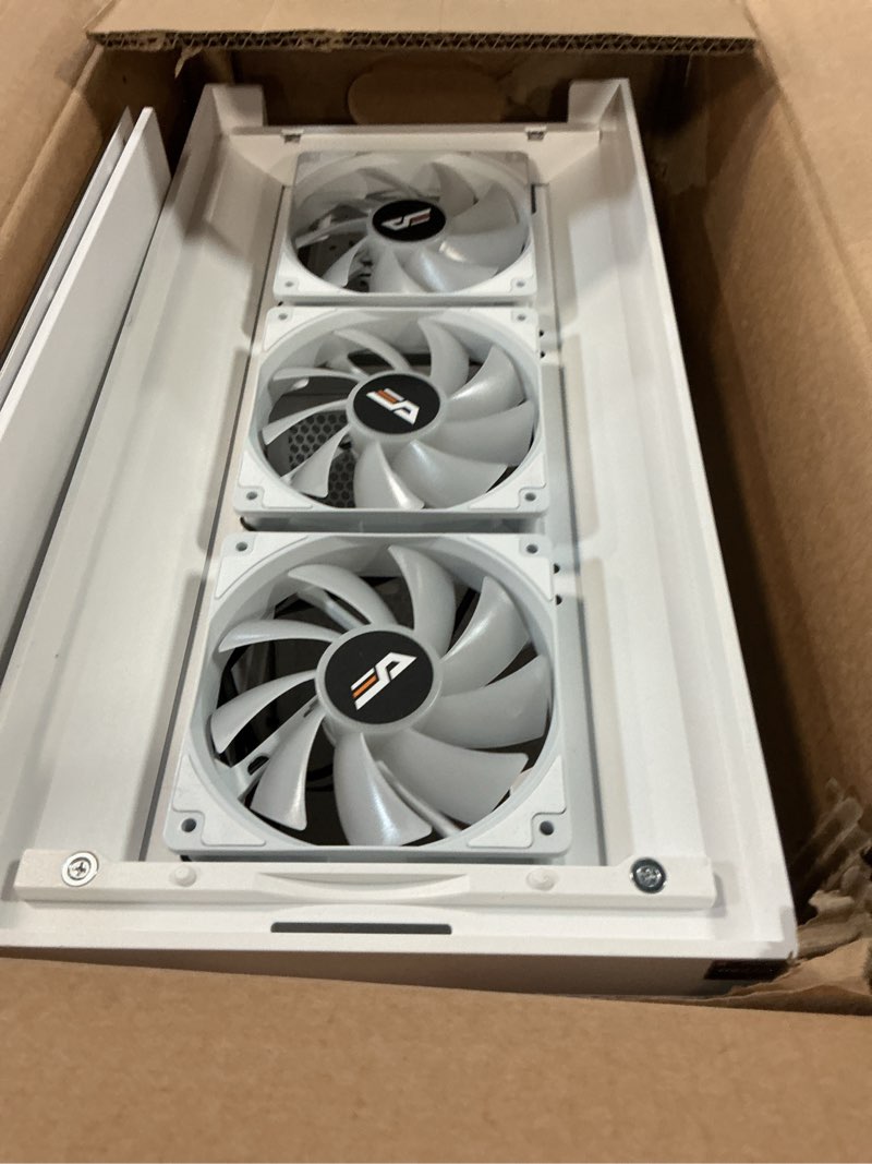 Condition photo showing As Is for darkFlash ATX Mid-Tower Gaming PC Case, Pre-Installed 3x120mm Fix RGB Fans, with Removable Large Mesh Front Panel, USB3.0 Ready, Tempered Glass Side Panel Airflow Computer Case, White(DRX70)