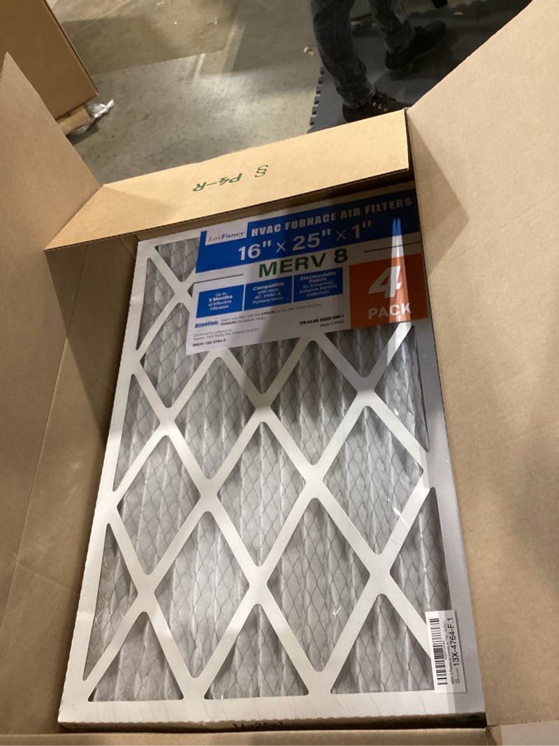 Condition photo showing Good Condition for lotfancy 16x25x1 air filter merv 8 4-pack, actual size: 15.75"x24.75"x0.75", electrostatic pleated furnace & ac filter, captures dust, pet hair, pollen merv 8 4pcs
