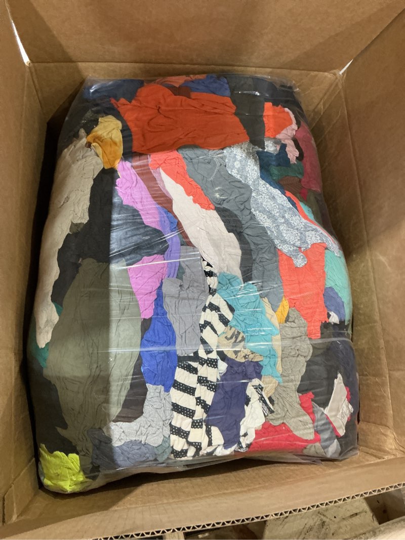 Condition photo showing As Is for buffalo industries (10085pb) recycled multicolored t-shirt cloth rags, 50 lb. bag, all-purpose rag for cleaning, paint spills and cleanup, staining, polishing, dusting, made from recycled materials 50 lb bag multicolor