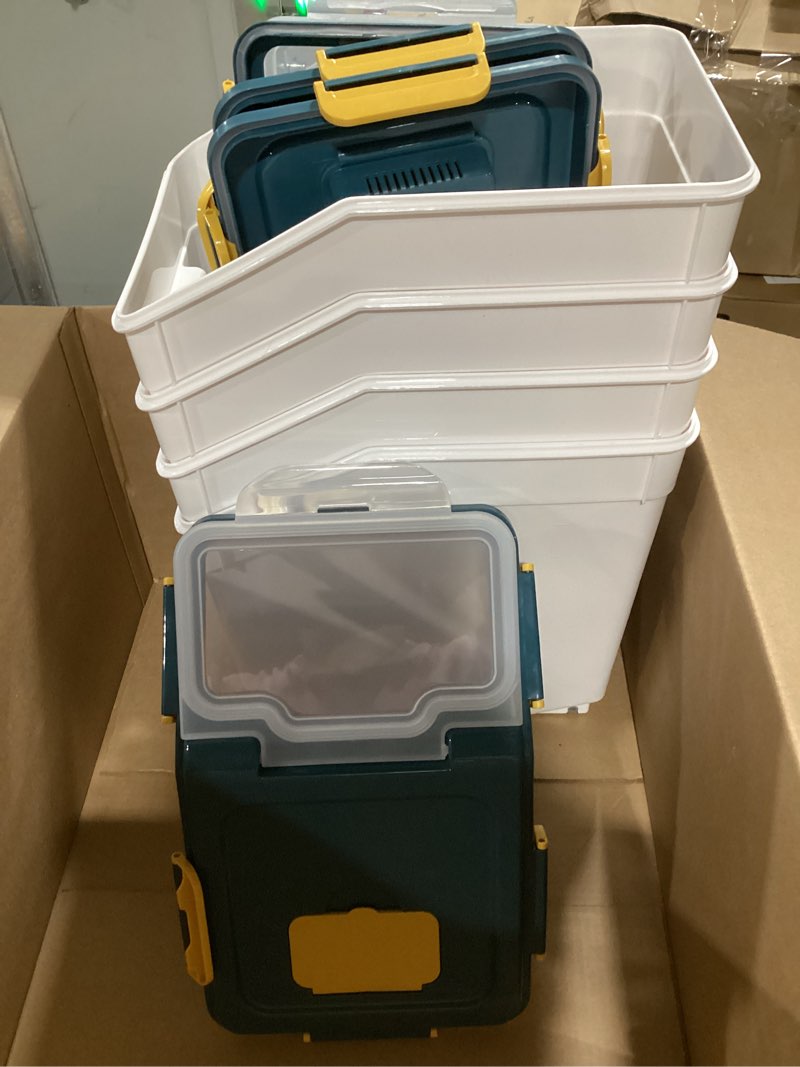 Condition photo showing Good Condition for yxq 25lb large flour storage container bin,4 pack airtight plastic with wheels seal locking lid dispenser organizer storage bin with measuring cup & scoop for flour, rice, grain 100lbs total blue/30lbs,4counts