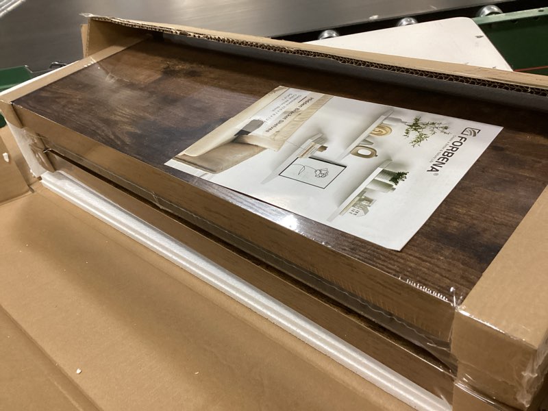 Condition photo showing New/Like New for Forbena Rustic Wood Floating Shelves for Wall Set of 3, 24 Inches Long Wooden Hanging Shelves for Bedroom Storage, Large Wall Mounted Shelves for Living Room Books, Closet (Dark Brown) 23.6 Inch Rustic Brown