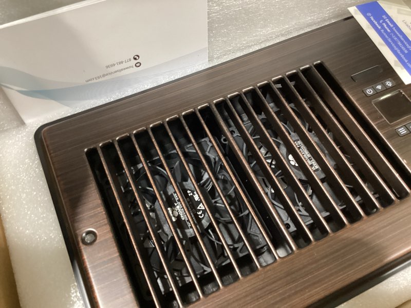 Condition photo showing New/Like New for super quiet register booster fan for 6" x 10" register holes, smart register vent with dual intelligent thermostat and wifi app control, heating cooling ac vent fan (orb) 6" x 10" oil rubbed bronze
