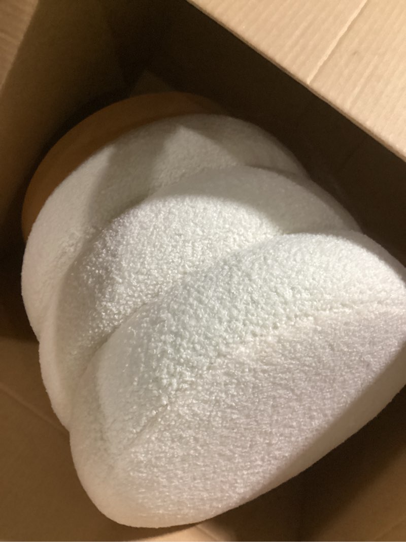 Condition photo showing Good Condition for colamy sherpa ottoman footstool, tufted modern foot rest stool with wood base for living room, bedroom, desk, round versatile side end table, pouf, makeup seat, cream