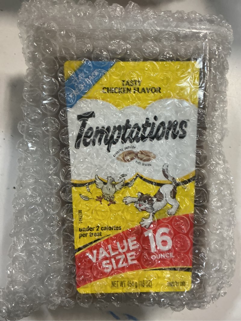 Condition photo showing New/Like New for (best by 07/05/27) temptations cat treats classic crunchy and soft cat treats, tasty chicken flavor, 16 oz. tub
