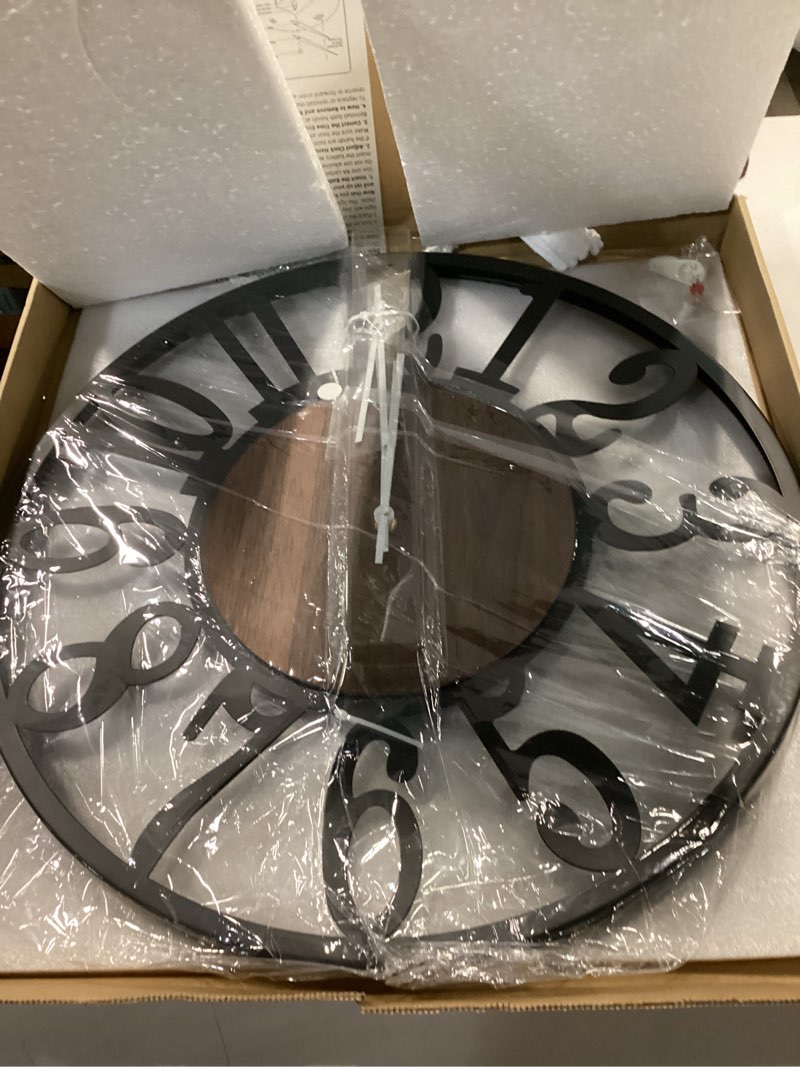 Condition photo showing Good Condition for 20'' Ultra-Silent Wall Clock with Night Light, Glow in The Dark Decorative Wall Clock Battery Operated, Rustic Modern Metal & Wood Clocks for Bedroom Living Room Decor, Arabic Numerals Black Walnut - Arabic Numerals 20 inch