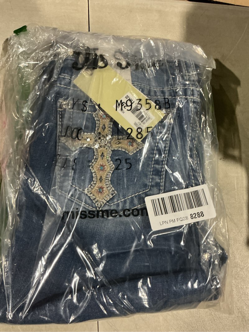 Condition photo showing Good Condition for miss me women's stoned cross applique mid-rise bootcut jeans light blue 32w x 30l