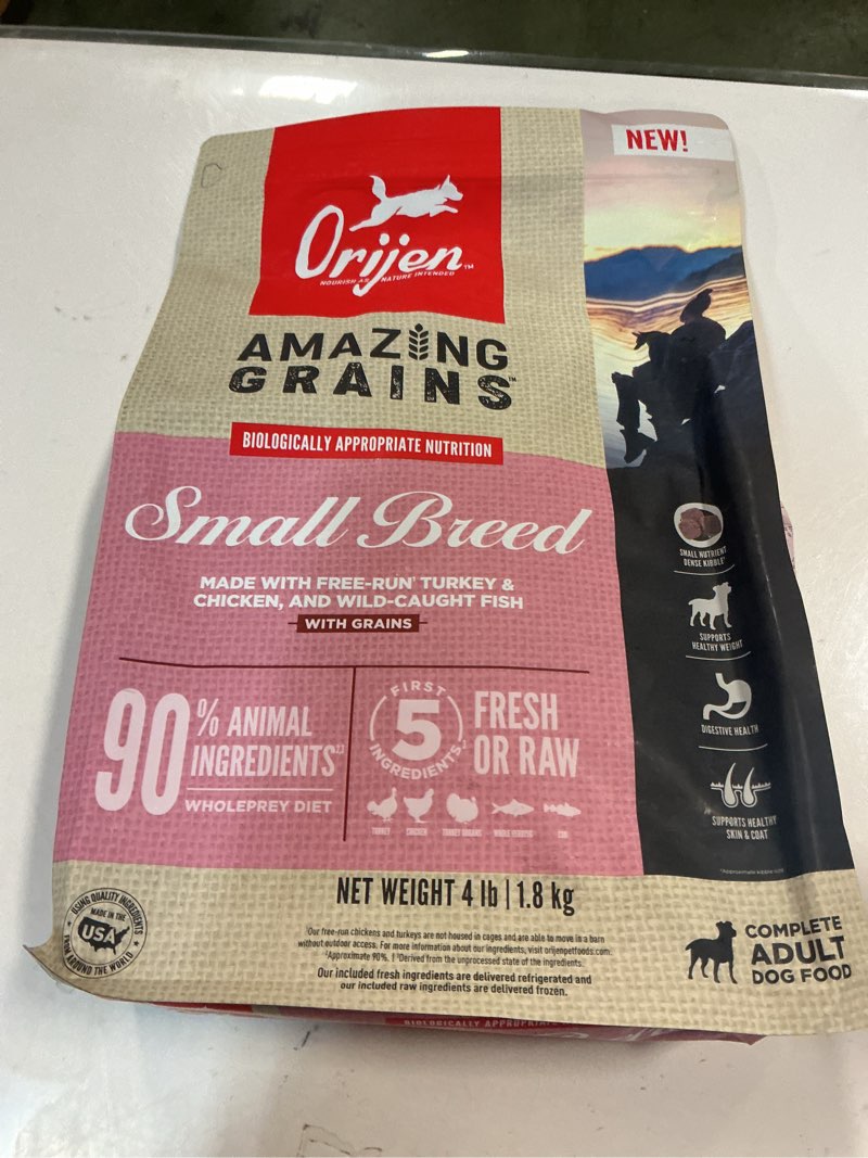 Condition photo showing New/Like New for (BB:01/08/2026) ORIJEN Amazing Grains High Protein Dry Dog Food Small Breed Recipe 4lb Bag Amazing Grains Small Breed Recipe 4 Pound (Pack of 1)