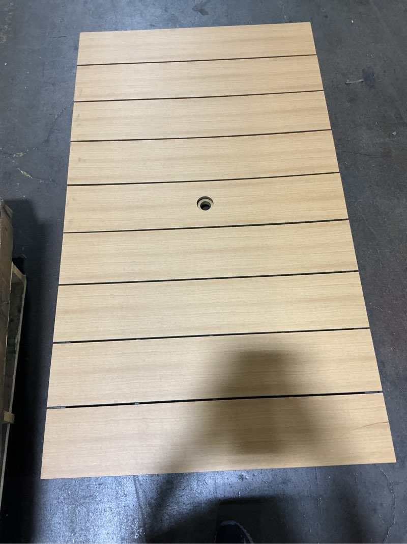 Condition photo showing As Is for light wooden outdoor padio table without legs 