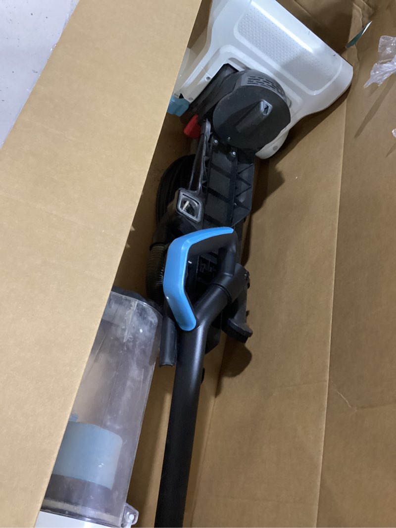 Condition photo showing As Is for Amazon Basics Upright Bagless Vacuum Cleaner for Carpet and Hard Floors, With Crevice and Upholstery Tools, Detachable Handle, Lightweight (8.4 lbs), 1.7L Dust Cup, 720W, 25ft Cord, Black/White