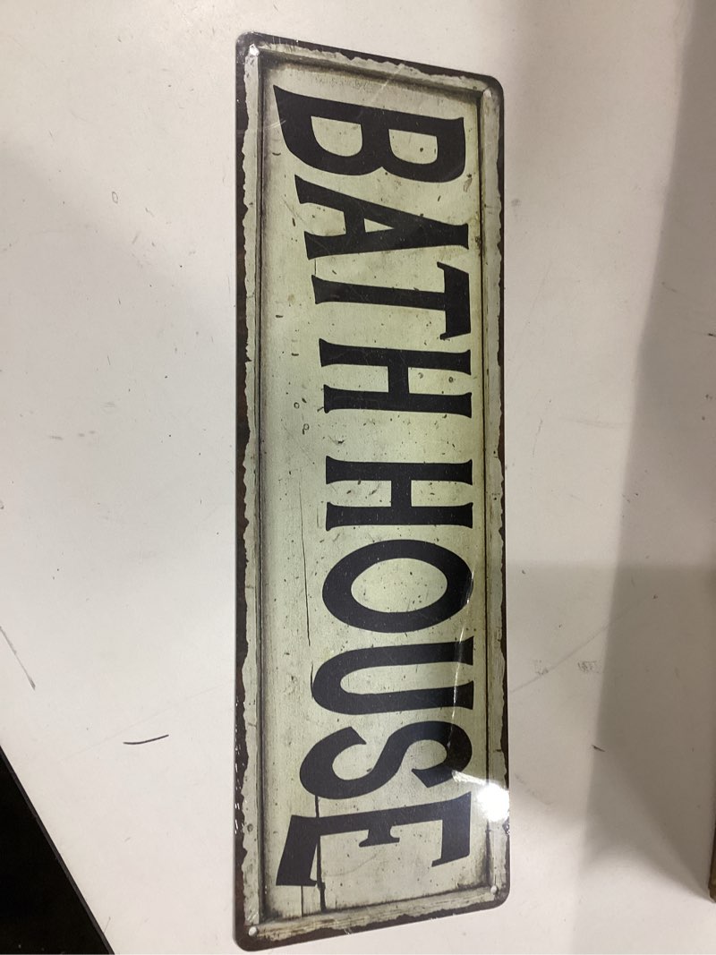 Condition photo showing New/Like New for BATH HOUSE Sign Farmhouse Decor Country Decorations Wood Look Signs Wall Art Tin Plaque 6 x 18 High Gloss Metal 206180028090 6" x 18" Economy Gloss