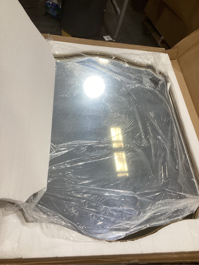 Condition photo showing Good Condition for gold wall mirror 32"x24", scalloped vanity mirror rust-proof metal frame - hangs vertically/horizontally decorative bathroom mirror for vanity, bedroom & entryway gold 32"l x 24"w