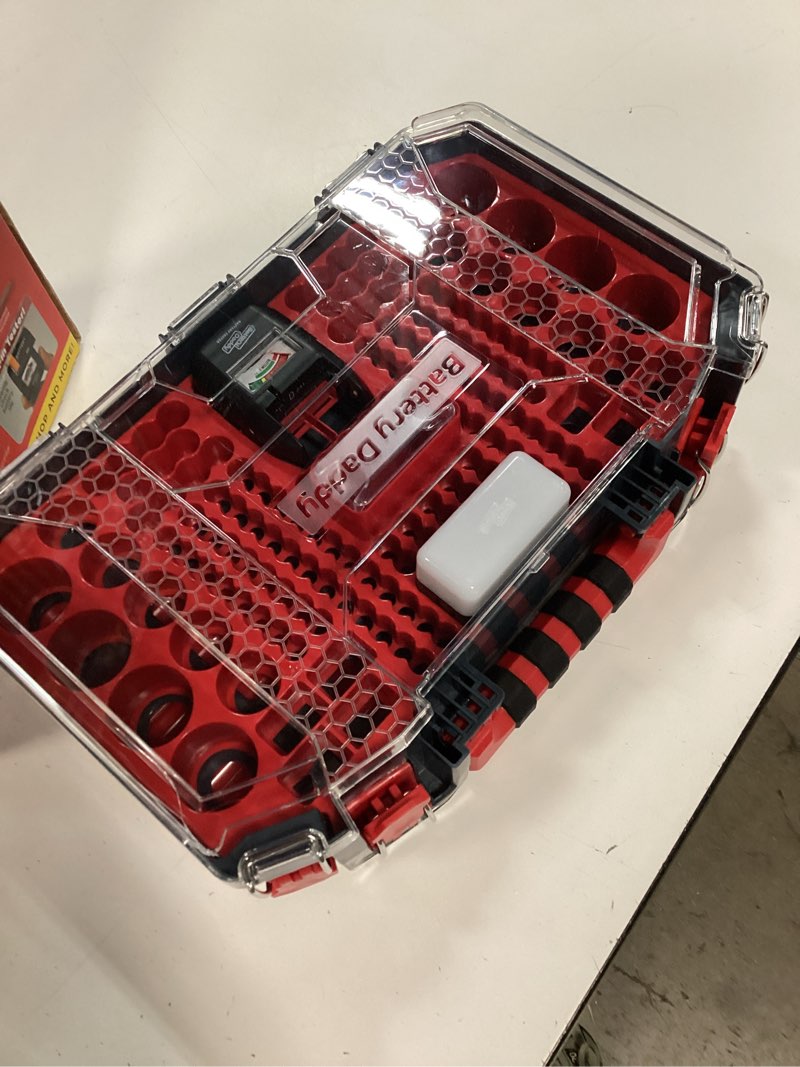 Condition photo showing As Is for battery daddy storage & organizer case w/light and tester, stores & protects over 200 batteries, double-sided, clear locking lid, secure latches & portable handle- black (batteries not included) original - 200 batteries
