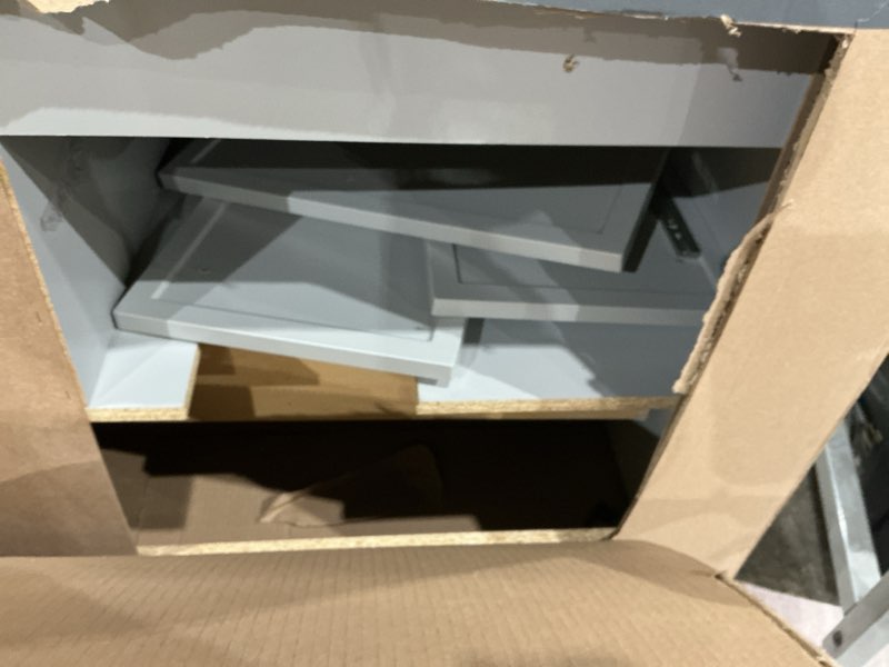 Condition photo showing As Is for style selections meera 36-in light gray bathroom vanity base cabinet without top