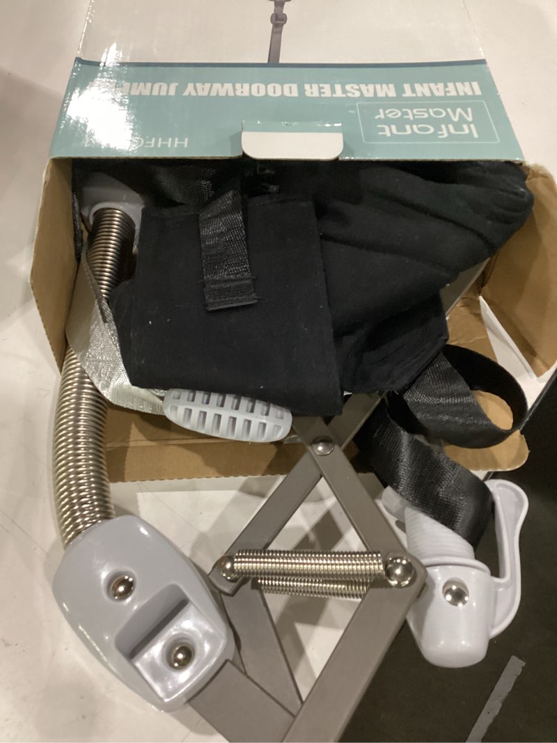 Condition photo showing As Is for infant master baby doorway jumpers, sturdy johnny jumper adjustable 10.8"-23.6" strap, soft baby johnny bouncer w/seat bag, protable doorway jumper and boucer for baby, ideal gift for infant black