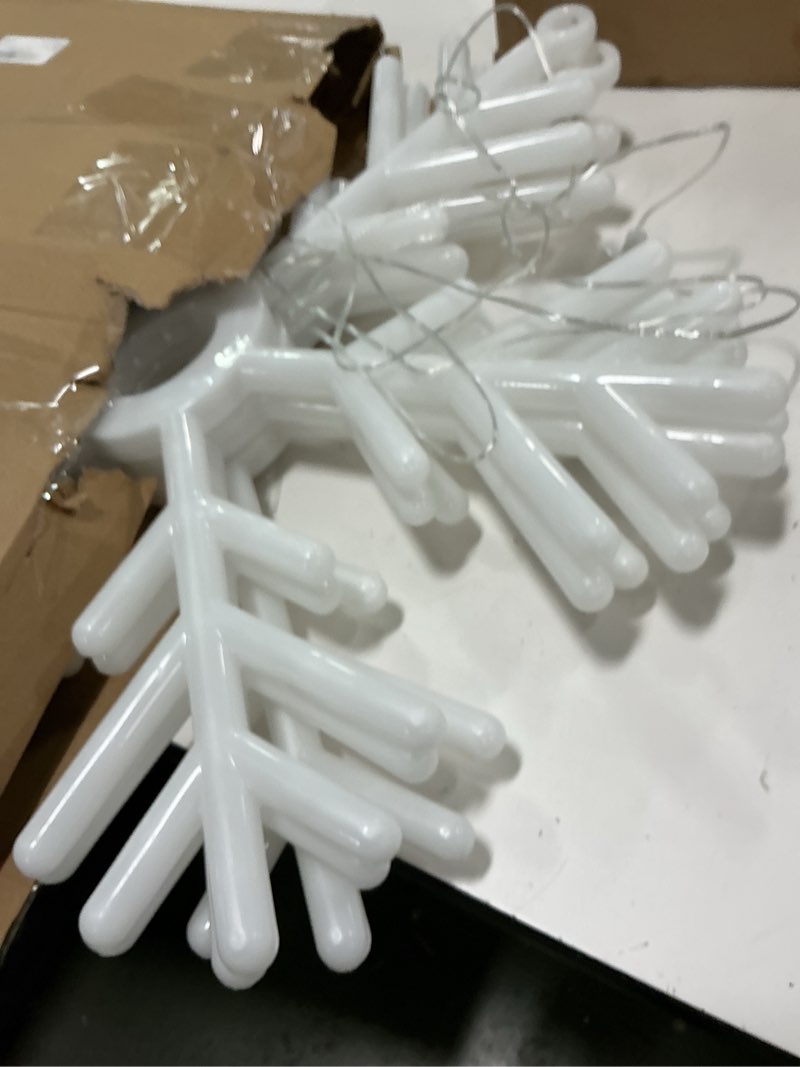 Condition photo showing As Is for Macarrie 2 Pcs 22 Inch LED Snowflake Lights Large Christmas Snowflake Decorations Outdoor Lighted Hanging Lights Set Plug Operated for Christmas Party Festival Home(White)
