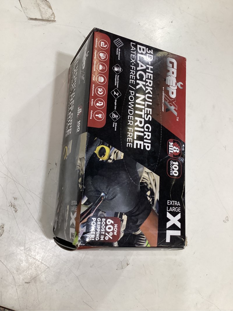 Condition photo showing Good Condition for gripxx herkules grip heavy duty 8mil black nitrile gloves,3d raised diamond texture-latex & powder-free industrial, mechanic 100 x-large