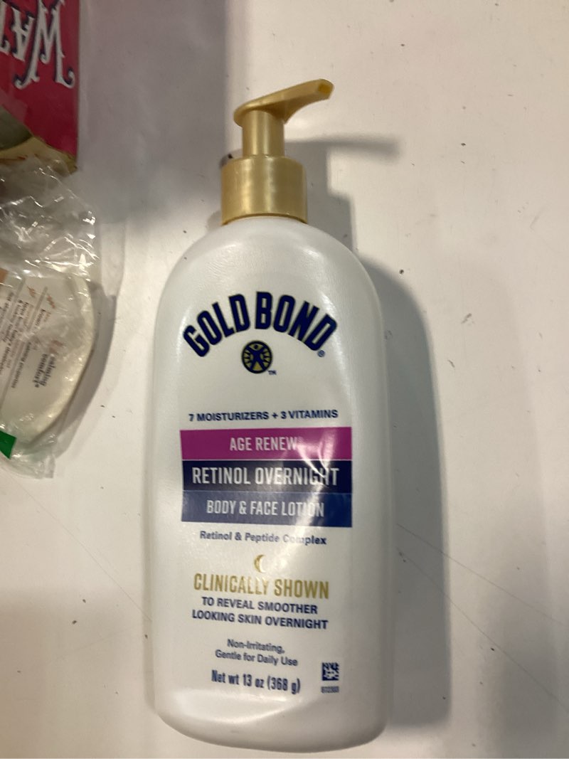 Condition photo showing As Is for gold bond age renew retinol overnight body & face lotion, retinol face and body lotion with peptide complex, 13 oz retinol overnight body & face lotions 13 fl oz (pack of 1)