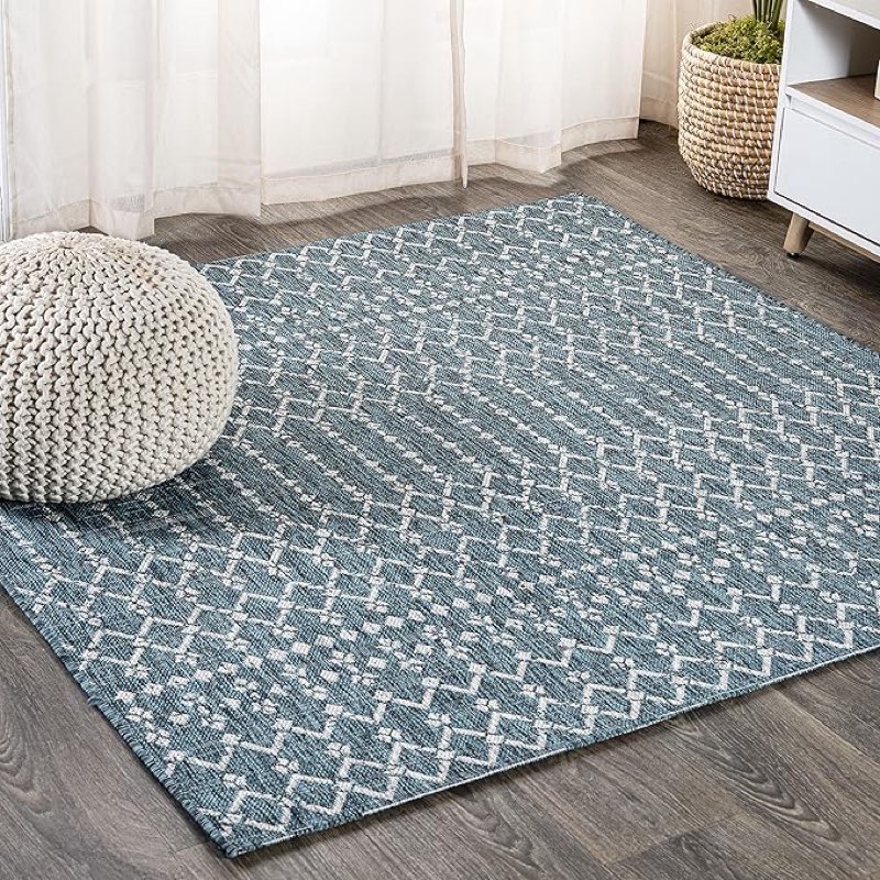 JONATHAN Y Moroccan Geometric Indoor Outdoor Square Area Rug 8X8 Teal/Gray, Ourika Textured Weave fo