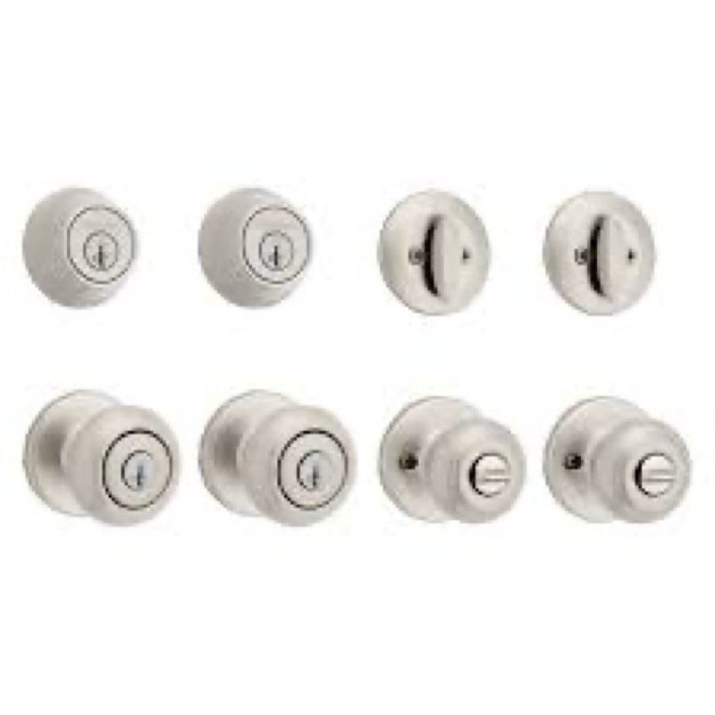 Kwikset Cove Satin Nickel Exterior Single-Cylinder Deadbolt and Keyed Entry Door Knob ft. SmartKey