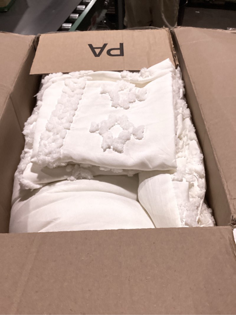 Condition photo showing As Is for Bedsure Tufted Boho Comforter Set Queen Size - Ivory Boho Bed Set, GentleSoft™ 3 Pieces Farmhouse Shabby Chic Embroidery Bedding, Gifts for Woman, Soft Jacquard Queen Comforter for All Seasons Queen 11 - Ivory - Elegant