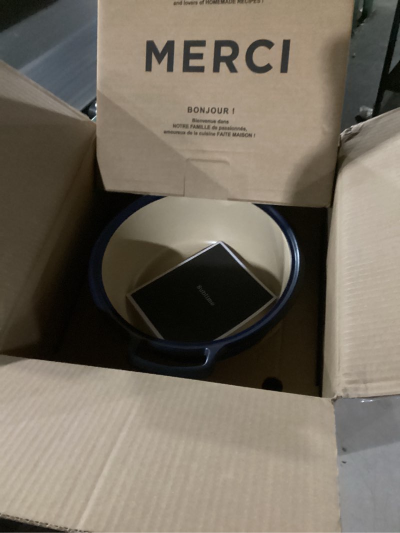Condition photo showing New/Like New for Emile Henry Made in France SUBLIME Ceramic 6 qt. Round Dutch Oven, Indigo Indigo 6.0 qt.