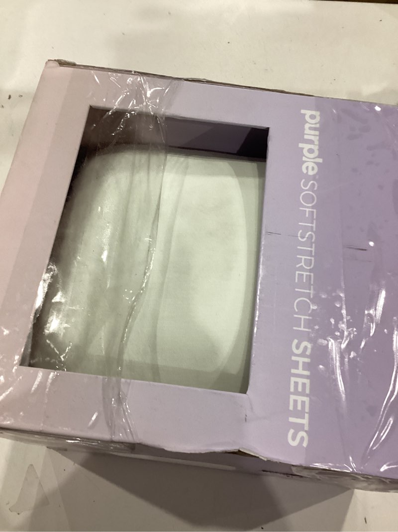 Condition photo showing As Is for purple softstretch sheets, king/cal king, rayon blend, moisture-wicking, true white, fits other mattresses, stretch for adaptive support