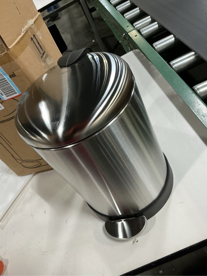 Condition photo showing New/Like New for glad small trash can, 1.2 gallon | round stainless steel garbage bin with soft close lid & step foot pedal | metal waste basket with removable inner bucket, stainless