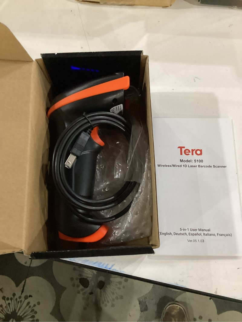 Condition photo showing Good Condition for not tested**** tera barcode scanner wireless 1d laser cordless barcode reader with battery level indicator, versatile 2 in 1 2.4ghz wireless and usb 2.0 wired 1d orange scanner