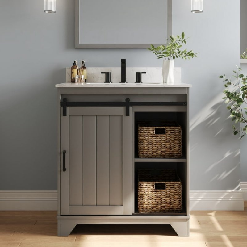 Glide 30'' Bathroom Vanity with Ceramic Sink Top, Fully Assembled Bathroom Cabinet with 2 Storage Baskets