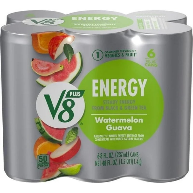 Best By  Oct 05/2025)V8 +Energy Watermelon Guava Juice Energy Drink, 8 fl oz Can(24 Pack) - 4 Pack