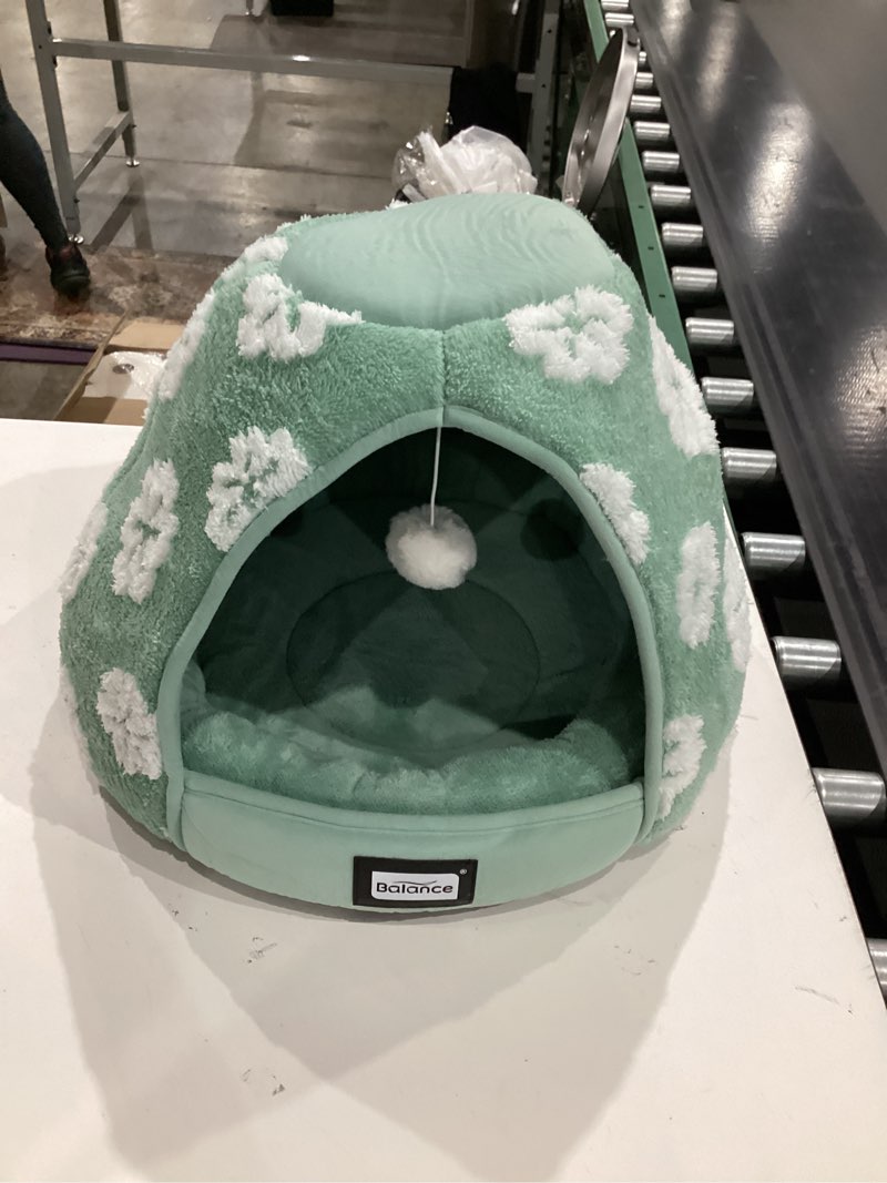 Condition photo showing Good Condition for balance cat beds for indoor cats, 2-in-1 cat bed cave with anti-slip bottom and ultra-soft plush, cozy cats house tent for kittens and small dogs, 19 inches, green 19"l x 19"w x 16"th green