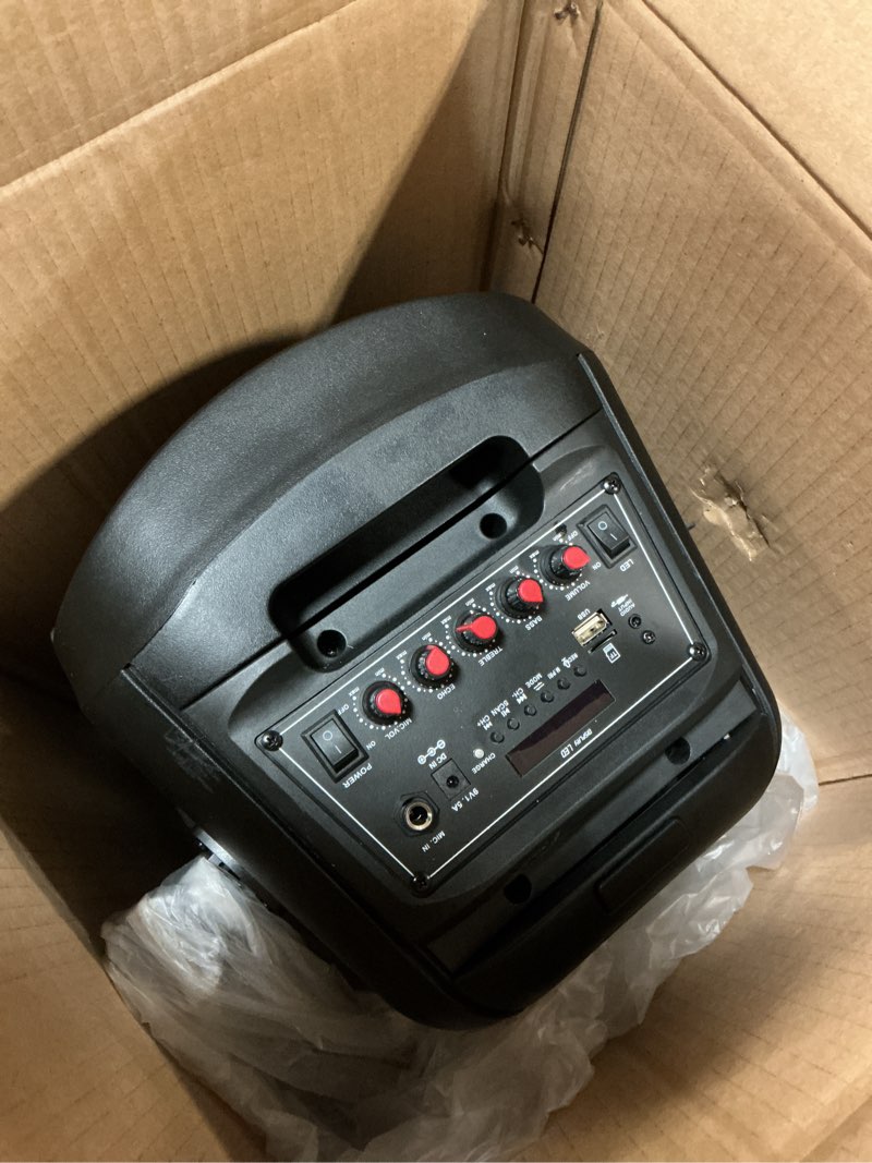 Condition photo showing Good Condition for pa system portable bluetooth speaker karaoke machine with 2 wireless microphones dj lights recording, mp3, usb, tf, fm for adults for tv outdoor party