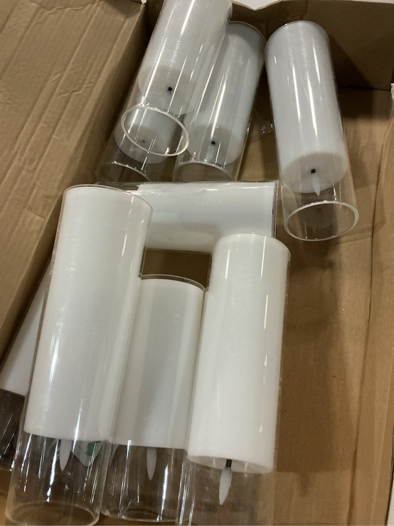 Condition photo showing Good Condition for flickering flameless candles battery operated with remote and 2/4/6/8 h timer acrylic led pillar candles pack of 9 (d 3" xh 4" 5" 6") with realistic 3d wick candles for home decor(white) white-9