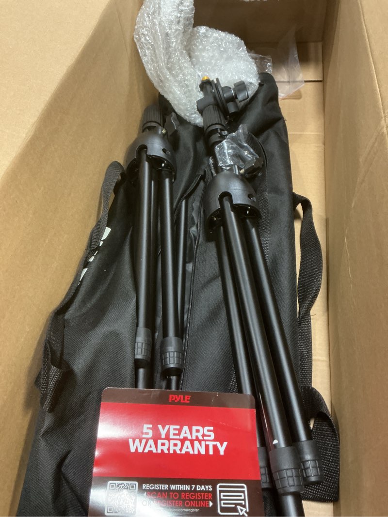 Condition photo showing Good Condition for pyle universal tripod microphone stand - pair of adjustable height 27.5” to 52” high and extendable boom length 24” w/ lock tension knob - 2 m-6 microphone holder and heavy duty carry bag