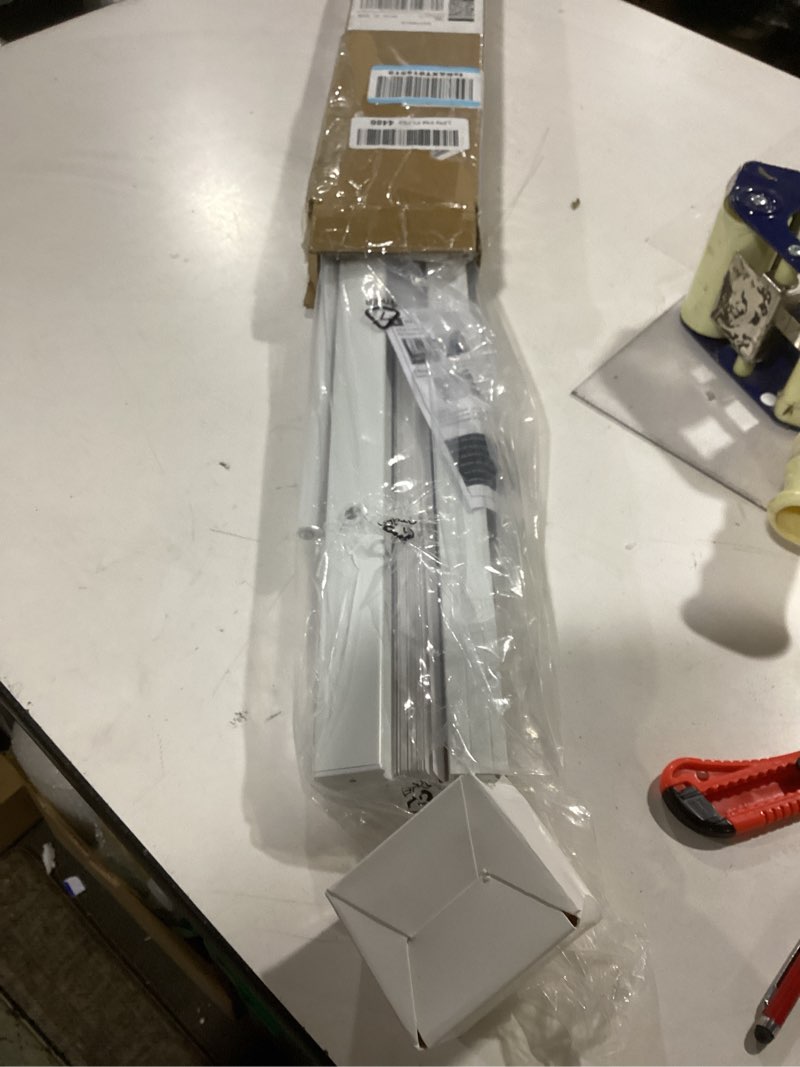Condition photo showing New/Like New for cordless vinyl mini l blinds 21" w x 36" h, 1" slat white horizontal windows l blind for door, shades, camper, light filtering, interiors, arrive 1/2 inch narrower indoor 21"w x 36"h