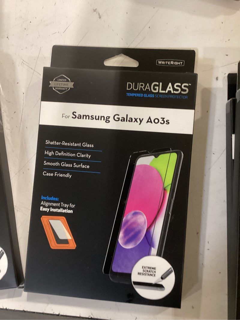 Condition photo showing New/Like New for duraglass tempered glass screen protector with quick installation tray for samsung galaxy a03s