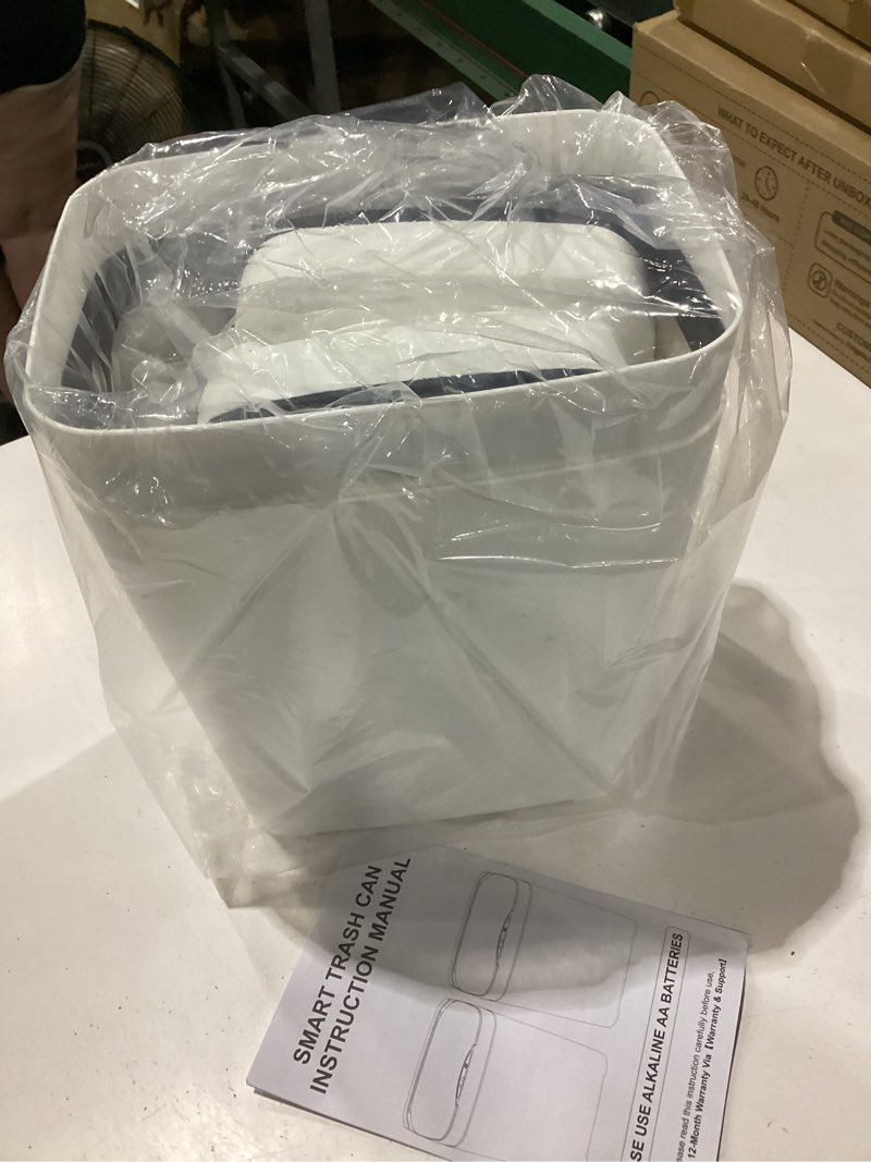 Condition photo showing New/Like New for vanpopubs 2 pack 2.7 gal bathroom trash can with lid, automatic trash can small smart garbage can touchless, slim motion sensor waterproof plastic trash bins for bedroom office kitchen toilet white 2.7 gal