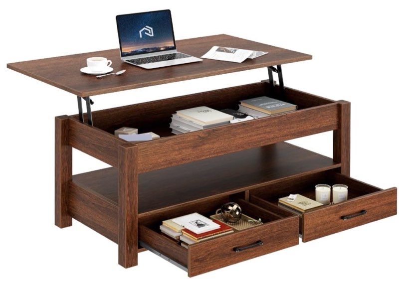 rolanstar coffee table, lift top coffee table with drawers and hidden compartment, retro central table with wooden lift tabletop, for living room,espresso
