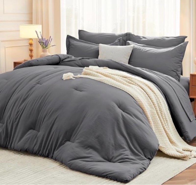 Dark Grey King Size Comforter Set 7 Pieces Dark Gray Bed in a Bag Bedding Set with Comforter, Flat Sheets, Fitted Sheet, Pillowcases & Shams (color may vary ours is pink)