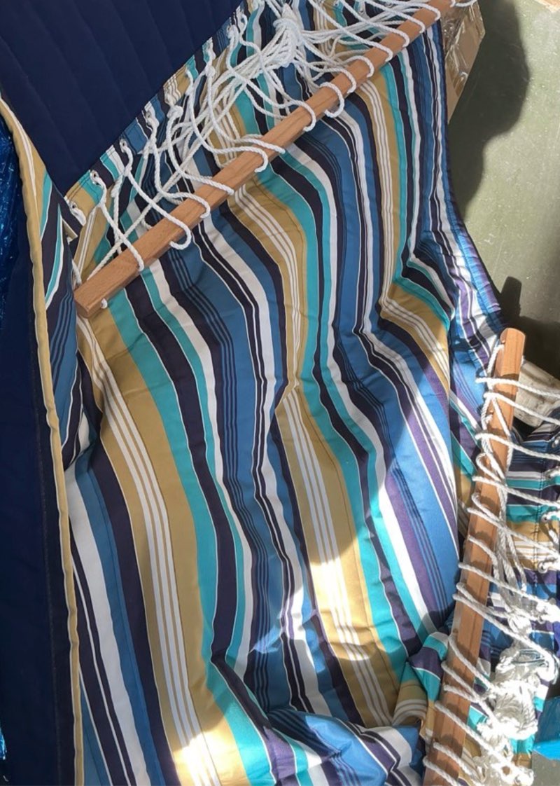 Condition photo showing Good Condition for SUNCREAT Hammocks Outdoor Double Hammock with Hardwood Spreader Bar, Cotton Rope Hammock with Polyester Pad, Blue&Green