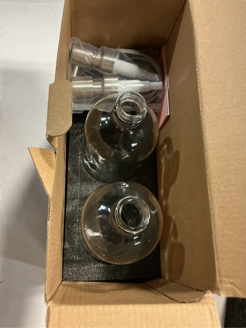 Condition photo showing Good Condition for kitchen soap dispenser set with drying tray – 16oz glass bottles with stainless steel pumps, sink organizer caddy with brush holder & non-slip feet – all-in-one dish & hand soap station grey sink caddy + clear bottle + silver pump