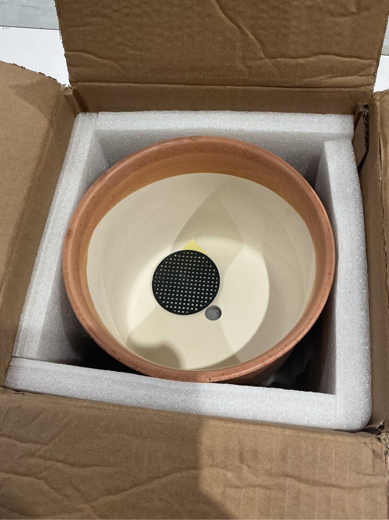 Condition photo showing Good Condition for 8 inch plant pot: ceramic planter with drainage hole & saucer - flowerpot for indoor & outdoor plants with separate tray for home & office - brush color brush color 8 inch