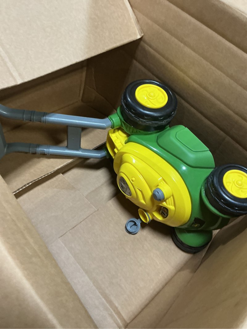 Condition photo showing As Is for john deere bubble lawn mower for toddlers, bubble blowing machines, indoor and outdoor gardening toy, birthday, party favor for preschool girls and boys, no batteries required, 2+