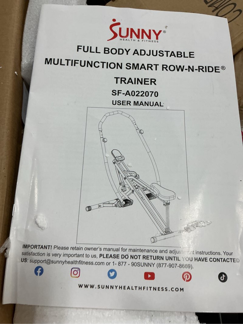 Condition photo showing Good Condition for Sunny Health & Fitness Compact Full-Motion Rowing Machine w/Adjustable Resistance, Low-Impact Full-Body Workout Rower w/Long Slide Rail, Space-Saving Design, Optional Free SunnyFit App Connection ROW-N-RIDE